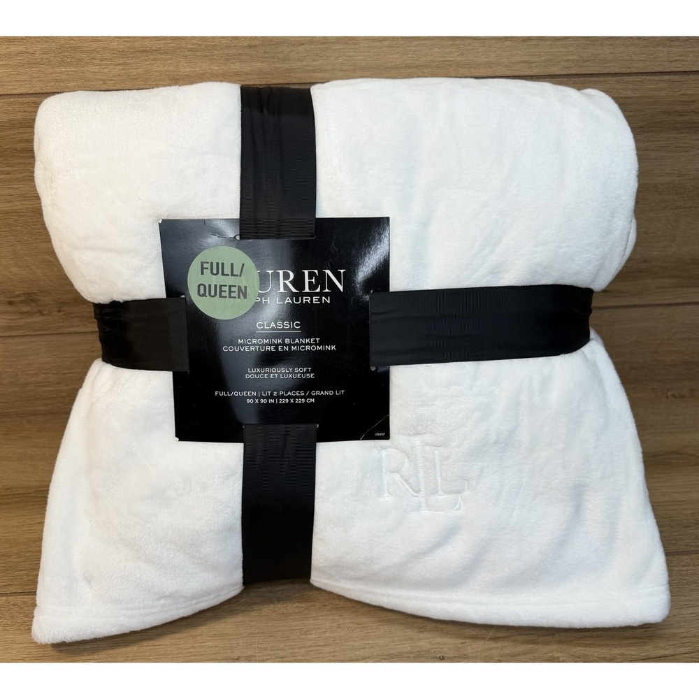 NWT RALPH LAUREN Queen Size Soft White LRL Embroidered Logo Micromink Blanket